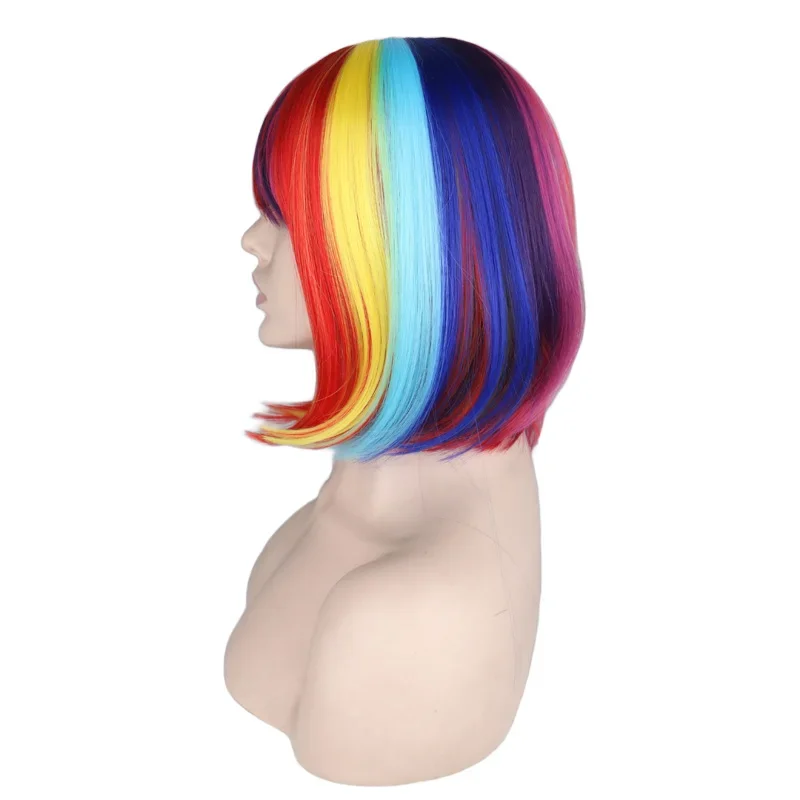 Wig Cosplay Bob pelangi lurus pendek wanita, rambut sintetis tahan panas pesta dengan poni