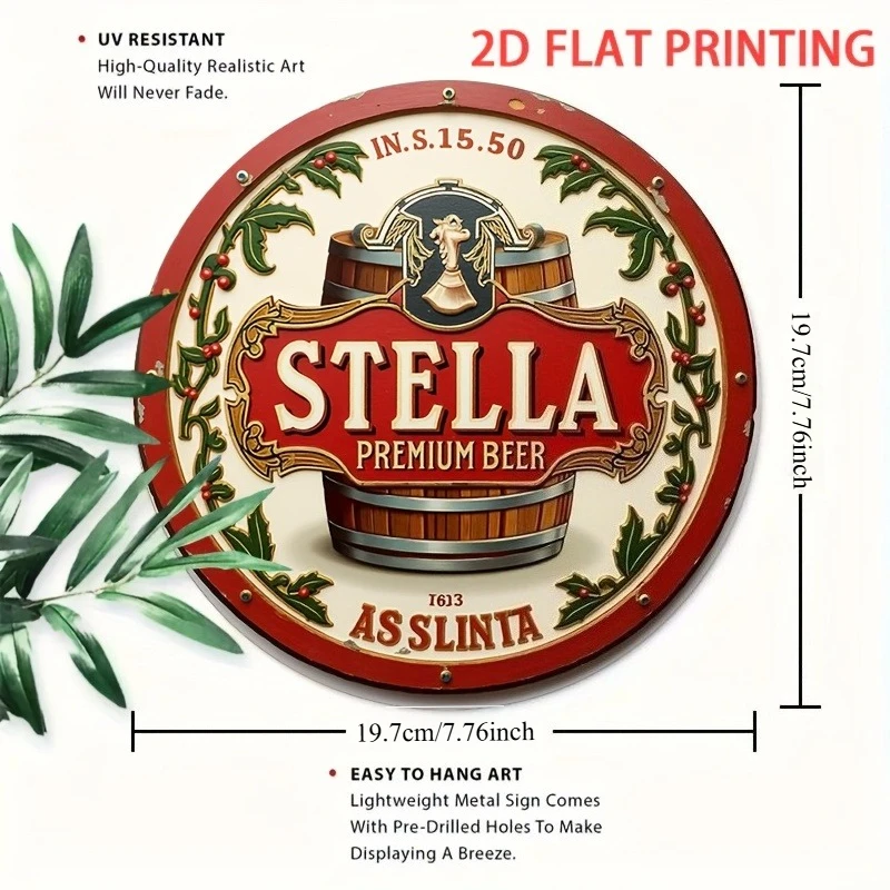 2D Flat Round Vintage Stella Premium Beer Wall Sign - Retro Brewery Artwork Featuring a Barrel Design - Heavy Barrel Accent