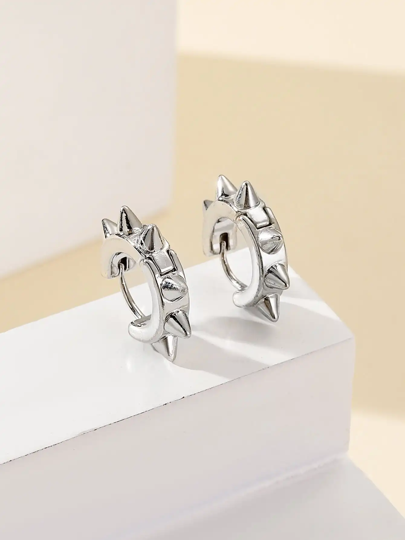 

Silver-Tone Spike Hoop Earrings in Zinc Alloy for Punk Style Wear