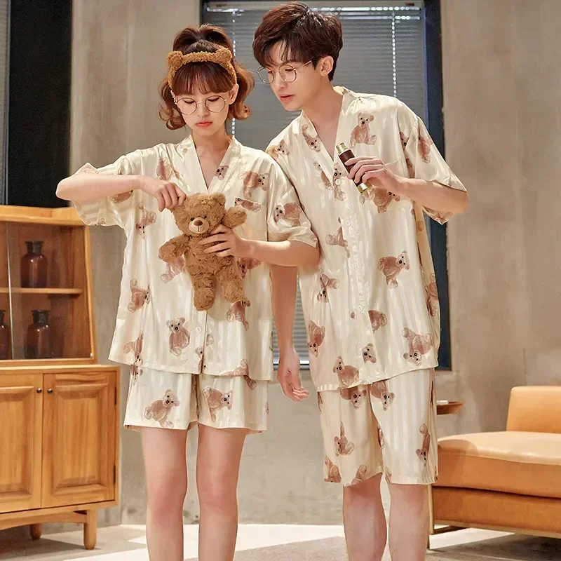 Silk Home Sleepwear Sets Suit Anime Korean Pijama Cat Men Adult Loose Women Pyjama V-neck Couple Pajama Clothes