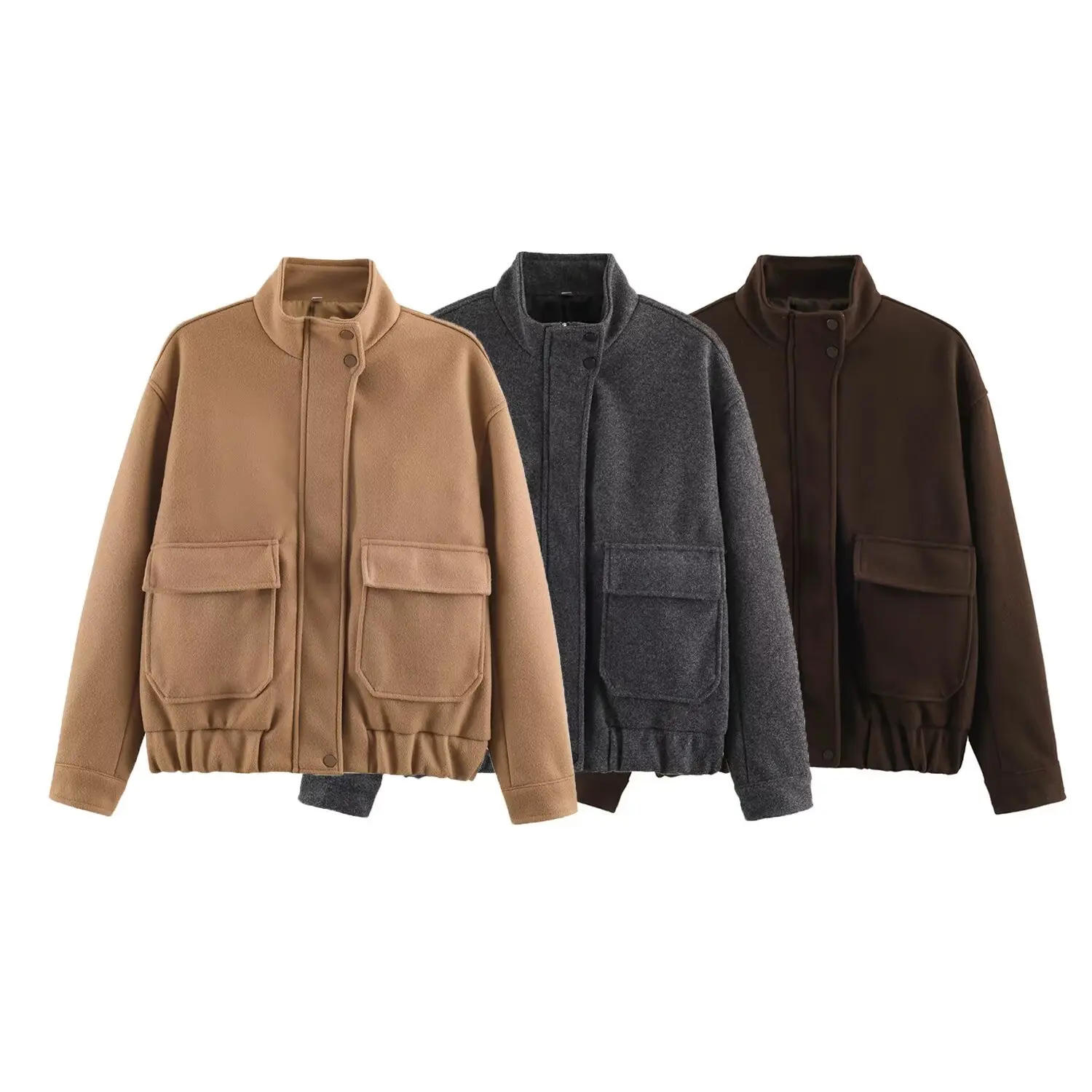 Women Camel Color Wool Blend Bomber Jacket Stand Collar Big Pocket Oversized Short Coat Casual Loose Outerwear Windbreaker Coats