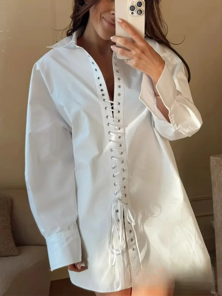 

KONDALA Повседневная шикарная женская блузка, однотонная белая свободная блузка с отложным воротником на шнуровке и длинными рукавами, модные рубашки весна-лето 2025 года