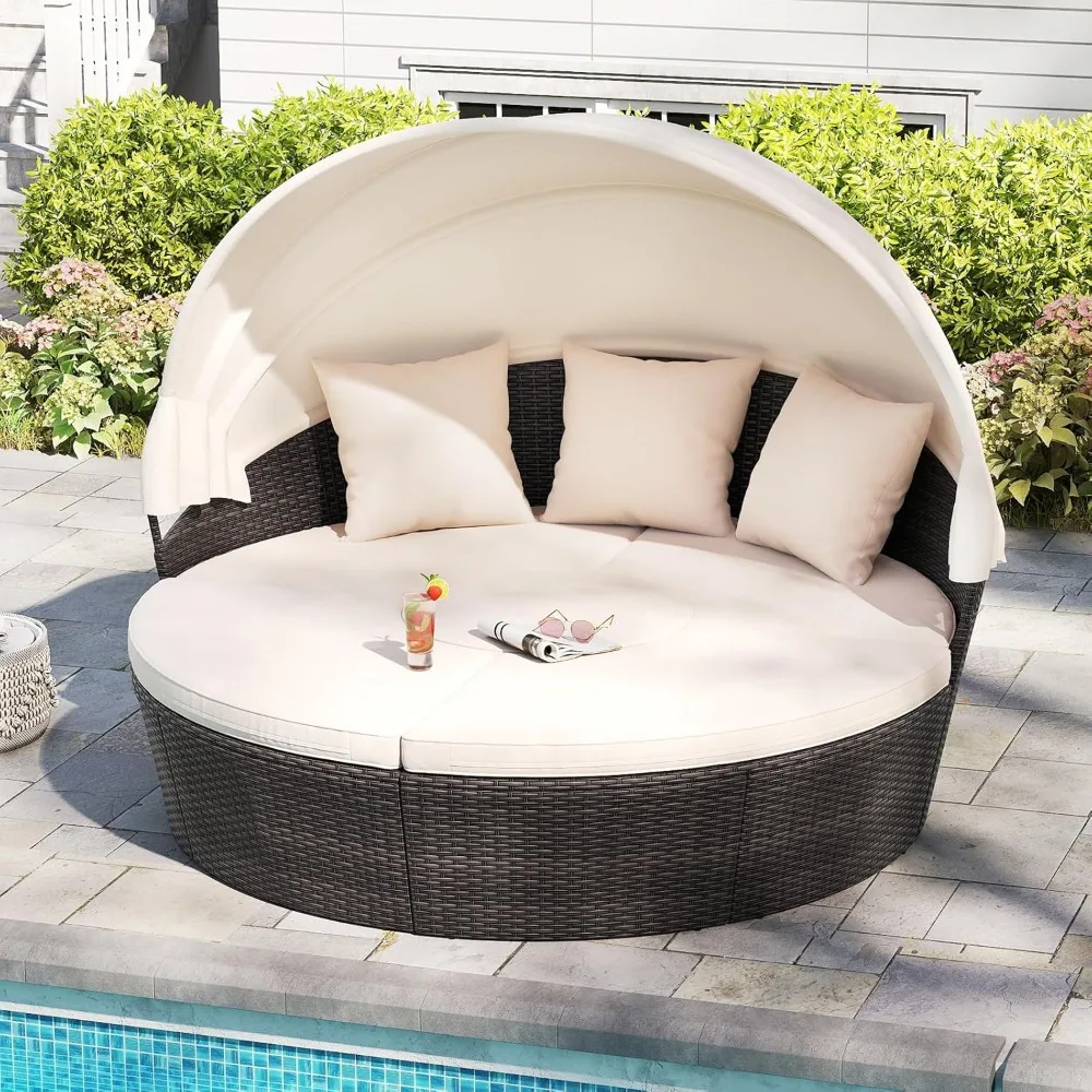 

Patio Round Daybed with Retractable Canopy, PE Rattan Cushioned Sectional Seating with Center Table, Sofas, Couch & Throw Pillo
