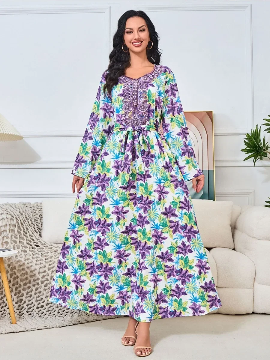 

Eid Muslim Party Dress for Women Abaya Embroidery Beading Jalabiya Long Dresses Morocco Kaftan Vestidos Largos Ramadan Gown Robe