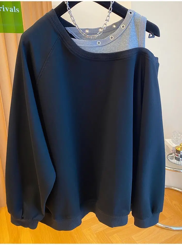 Fake Two Piece Casual Oversized Off Shoulder Sweatshirt Tops Women Designer Hollow Out Sweatshirt Fall Hoodie Jacket Outwear