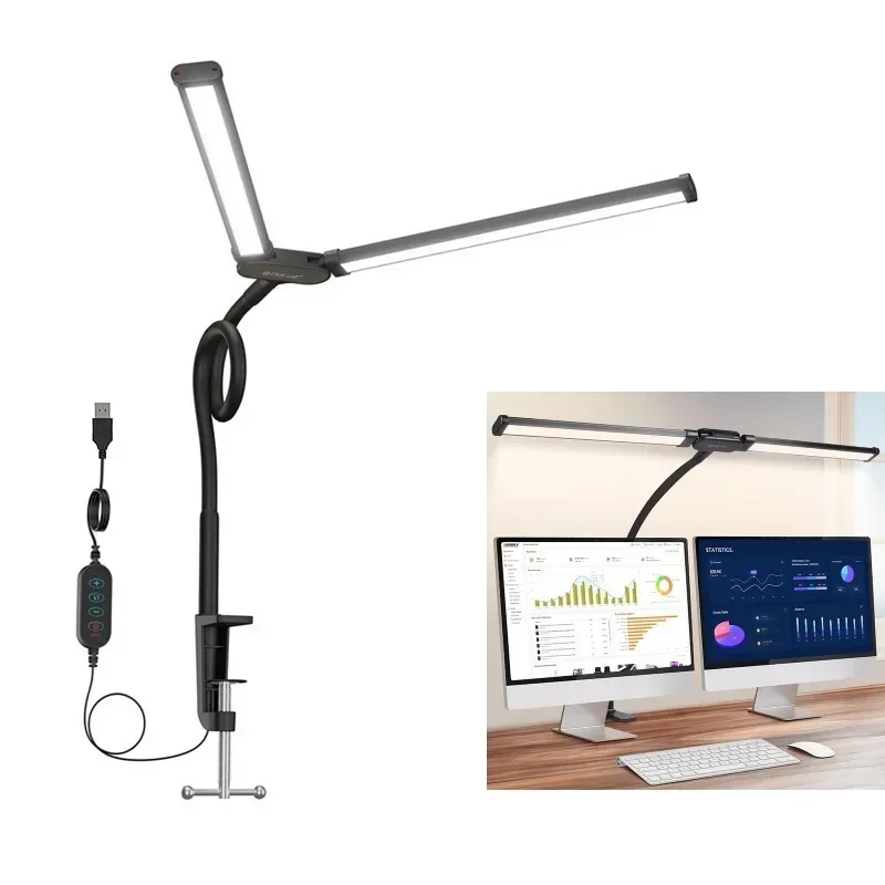 Lámpara de escritorio LED de doble cabezal, tubo Flexible de cuello de cisne con luz de relleno de Clip, lámpara de mesa de protección ocular ajustable de 10 niveles