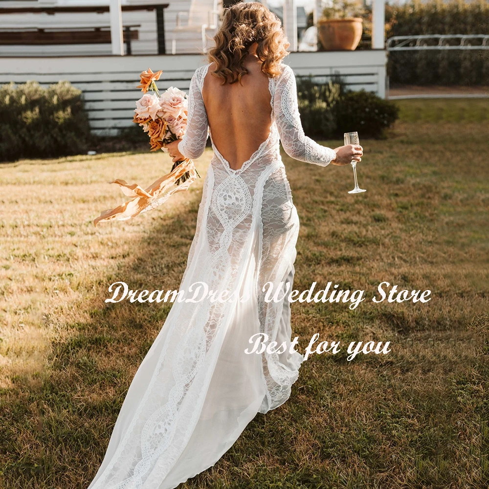 DREAM o-collo maniche lunghe pizzo abiti da sposa Vintage per le donne Sexy Bohemian Backless guaina abiti da sposa Vestido De Novia