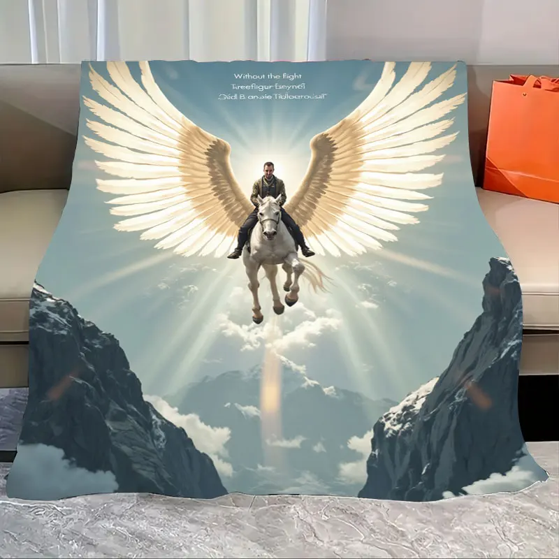 

1pc Flannel Blanket "Angel Wings Horse Rider Blanket - Mountain Sky Scene, Soft Cozy Throw"