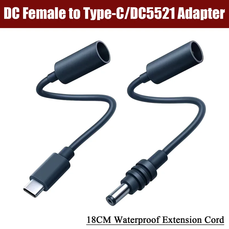 DC Female to Type-C/XT60 Power Adapter Cable DC Female to DC5521 Male Plug Waterproof Extension Cable MINI Female to Male 18CM