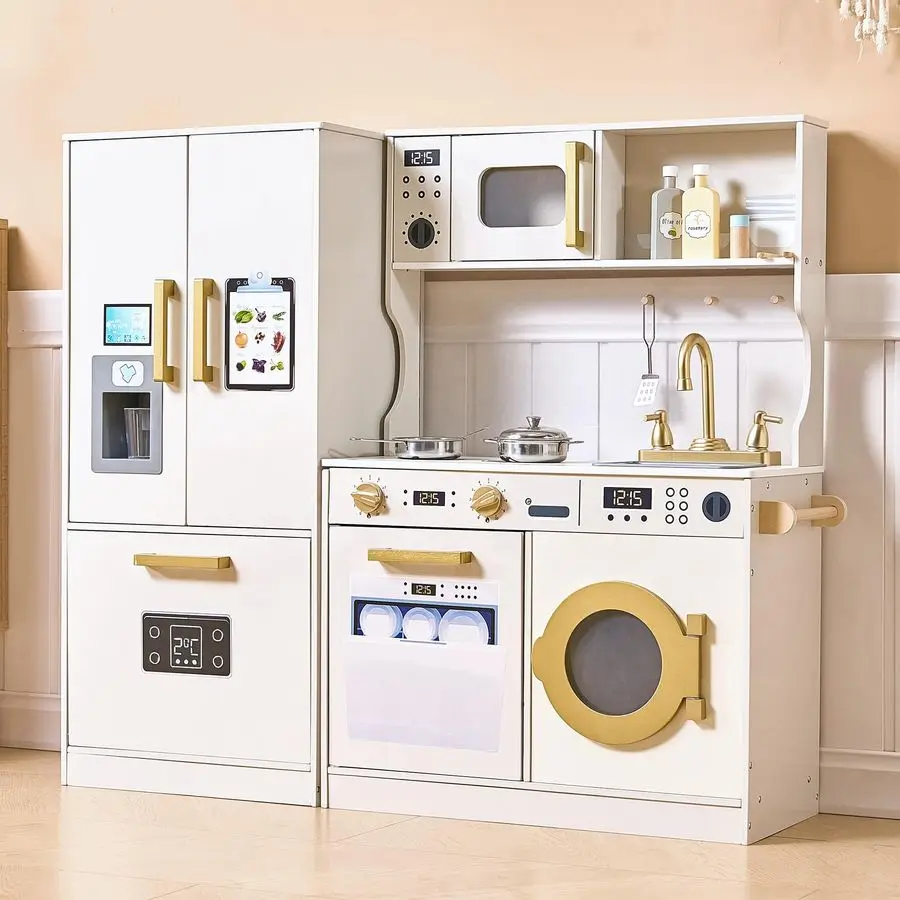 مجموعة لعب المطبخ بتصميم واقعي، مطبخ لعب فاخر مع خزائن تخزين ممتدة، مطبخ ألعاب للأطفال الصغار مع القهوة