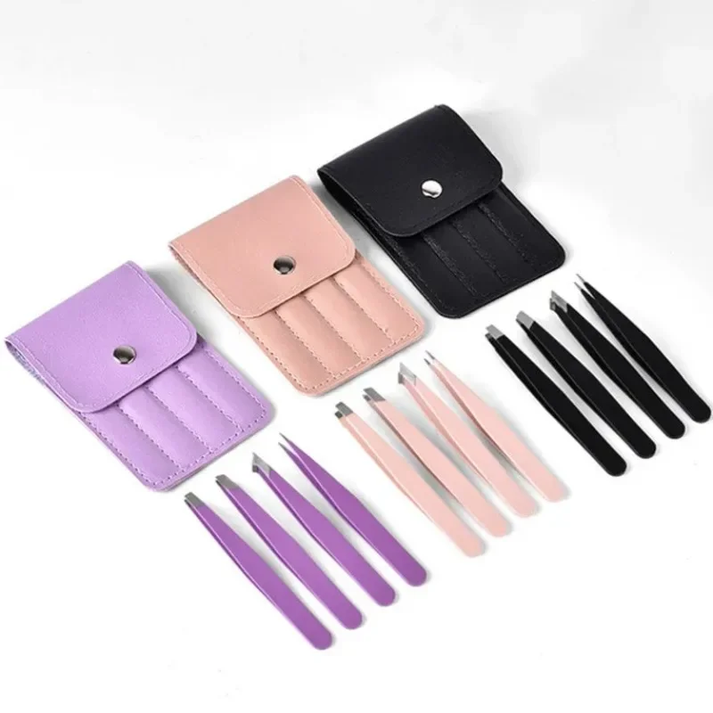 Hair Removal Tweezers for Beauty Salon&Home Use 1/4pcs Stainless Steel Tweezers Kit Eyebrow Eyelash Tweezers with Storage Bag