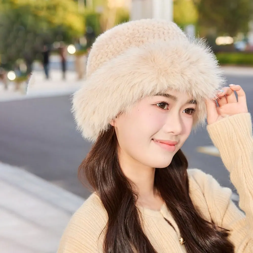 

Elegant Faux Fur Bucket Hat Korean Style Windproof Women's Plush Hat Imitation Fur Solid Color Ear Protection Hat Girls