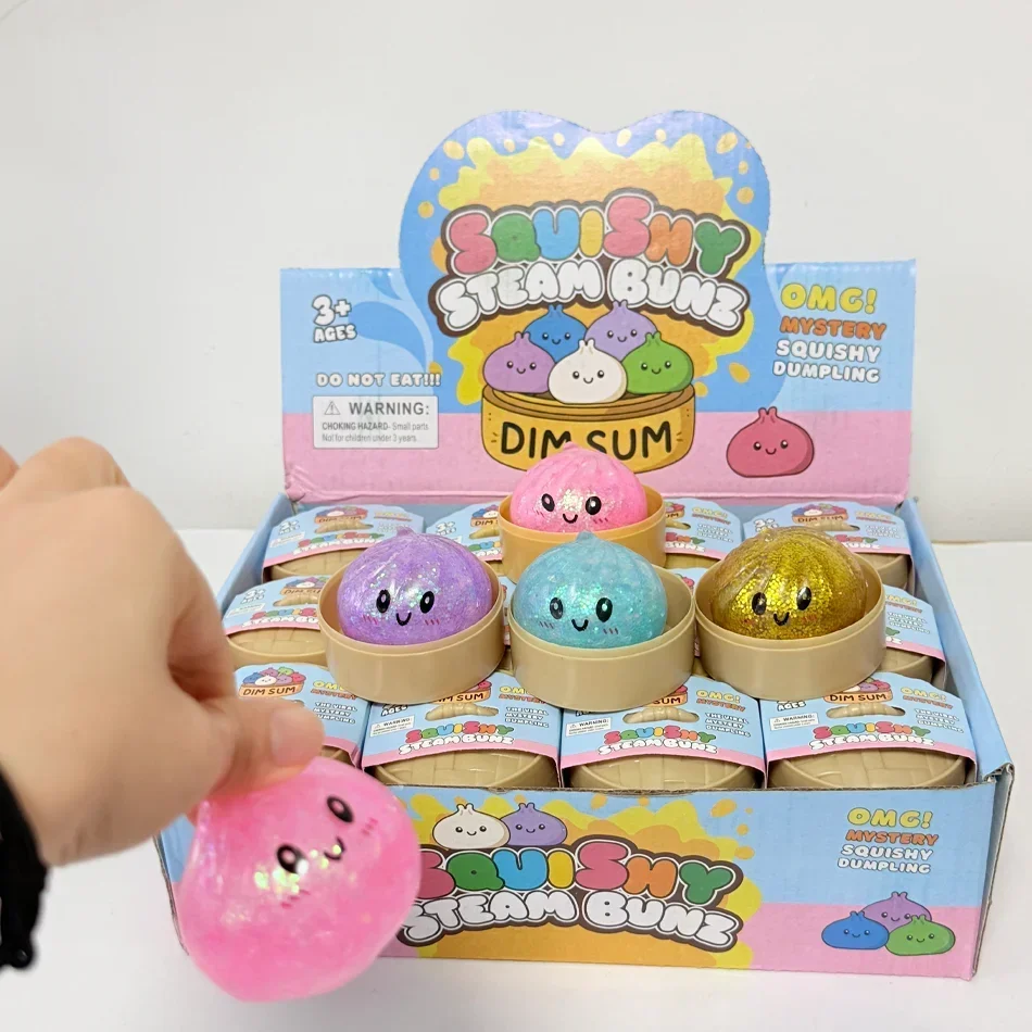 Glitzernde Dumpling-Squishy mit Box, sensorische Dampfgulasch-Kugeln, weicher TPR-Teigball zur Entspannung, Fidget-Spielzeug, Stressabbau-Geschenk – Detail 6
