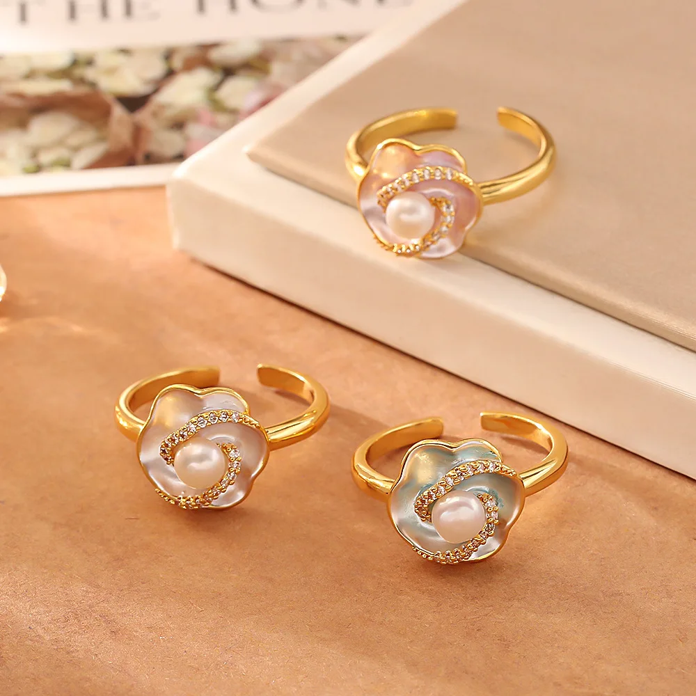 

Fashionable and Exquisite Freshwater Pearl Oil Camellia Ring Women's High-end Niche Personality Versatile Open Ring