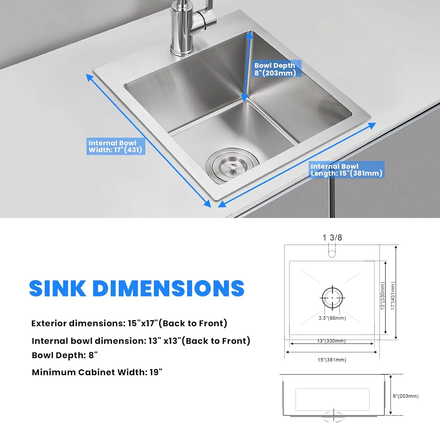 ROVATE 15X17 Inch Bar Prep Sink SUS 304 Stainless Steel Top mount Handmade Single Bowl 18 Gauge Drop In Kitchen Small Rv Sink