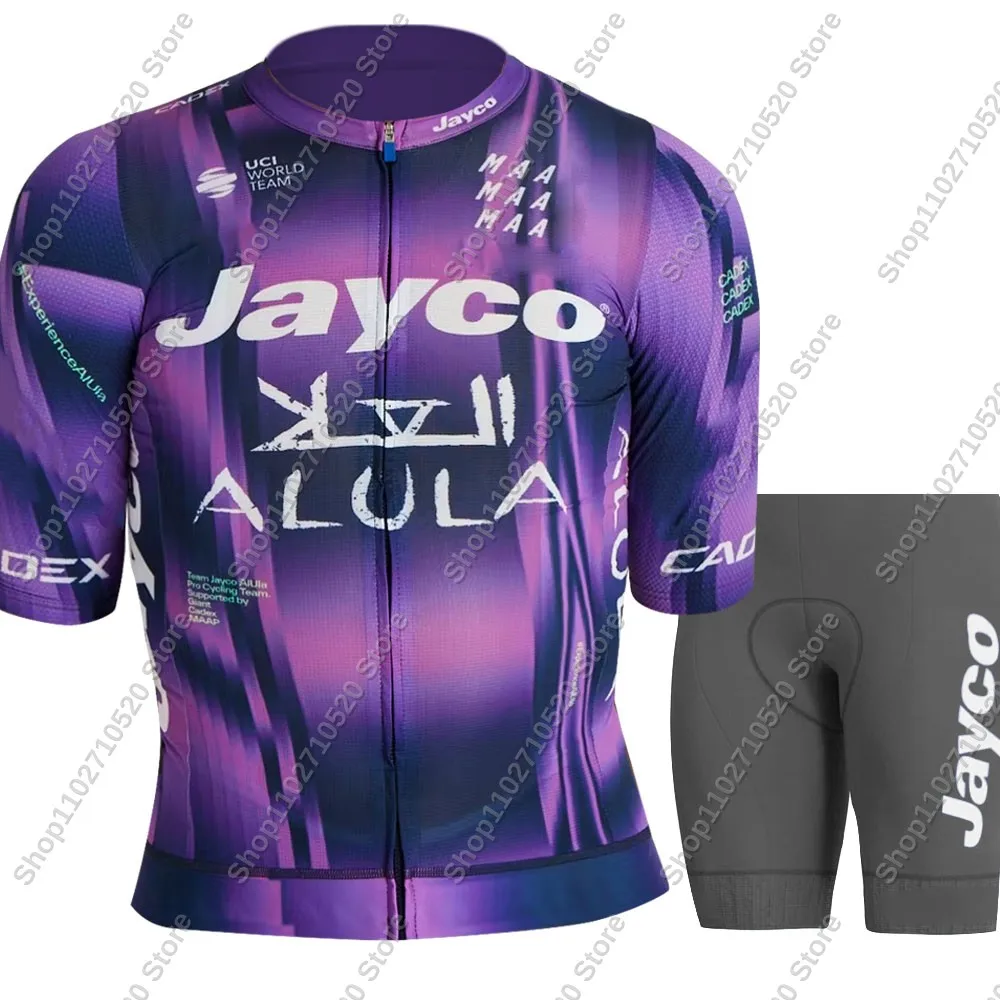 2025 Jayco Alula Team Cycling Jersey Short Sleeve Set Purple Australia Clothing Road Bike Shirts Suit Bicycle Bib Grey Shorts