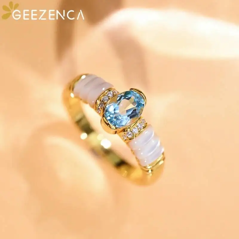 

GEEZENCA Кольцо из стерлингового серебра 925 пробы с натуральным топазом и белым перламутром и цирконом для женщин, кольца с синим камнем, французские шикарные кольца, подарок 2024