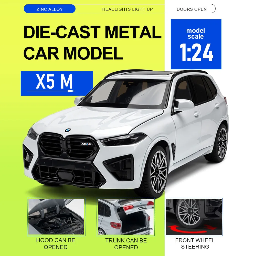 

1:24 X5M X5 Miniature SUV Car Toy Models Alloy Diecast Doors Opened Sound Light Front Wheel Steering Pull Back Decoration Toys