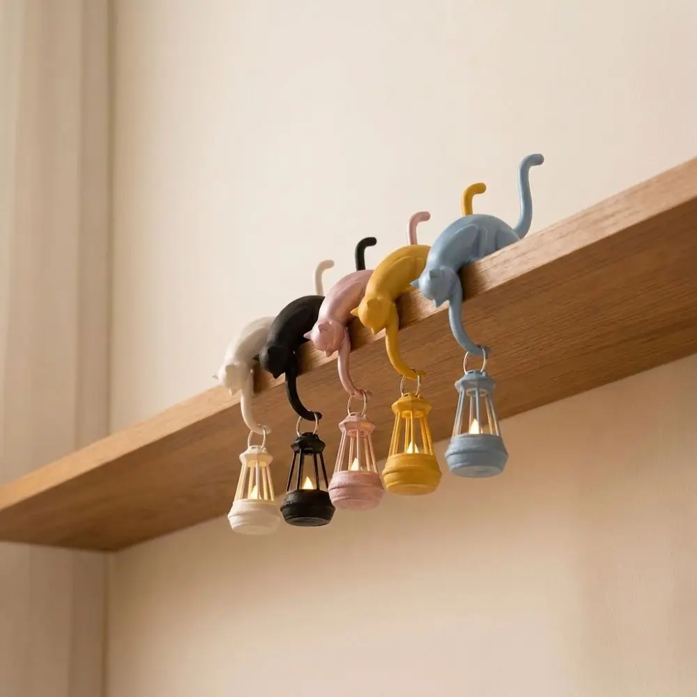 3D Printed Cat Wall Hook Light with Lantern Cute Figurine Cat Shaped Hook Inverted Cat Artistic Cat Decor Lamp Desk Organization