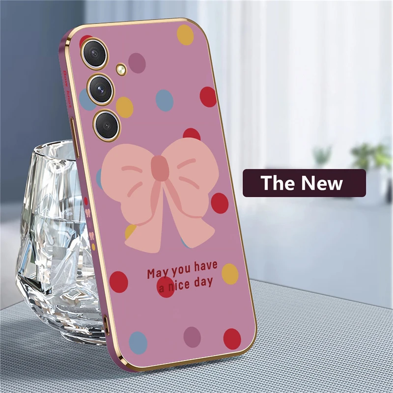 A54 5G Pattern Pink Bow Soft Case For Samsung Galaxy A32 A33 A34 A24 A25 A35 A55 A15 A42 A50 A52 A53 A71 A72 A73 Plating Cover