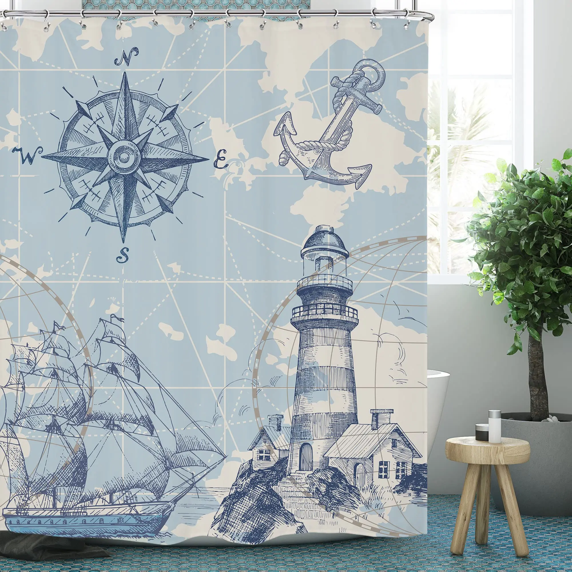 Nautical Sailboat Wooden Shower Curtain Compass Anchor Lighthouse on Vintage Barn Door Pirate Fabric Bathroom Decor with Hooks