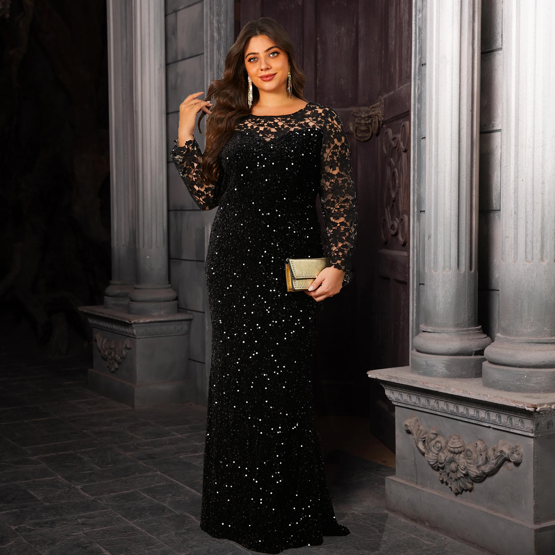 فستان سهرة منحني أنيق للنساء من الدانتيل بأكمام طويلة ومطرز مخملي مجوف فستان ماكسي متواضع #4