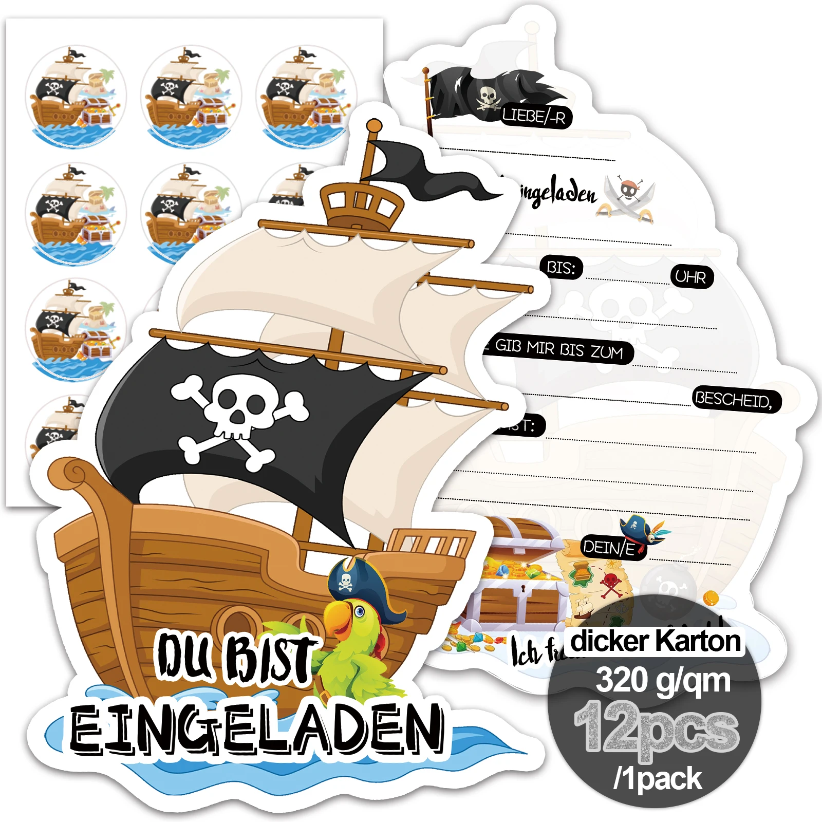 12er-Set Piraten-Einladungskarten „You're Invited“, mit Piratenschiffen und unsterblichen Flaggen |   320 g/Quadratmeter dicker Karton