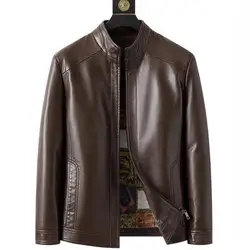 Spring New Style Men's Leather Jacket Sheepskin Casual Large Size Leather Coat Middle-Aged Dad Clothes Stand Collar Regular L...