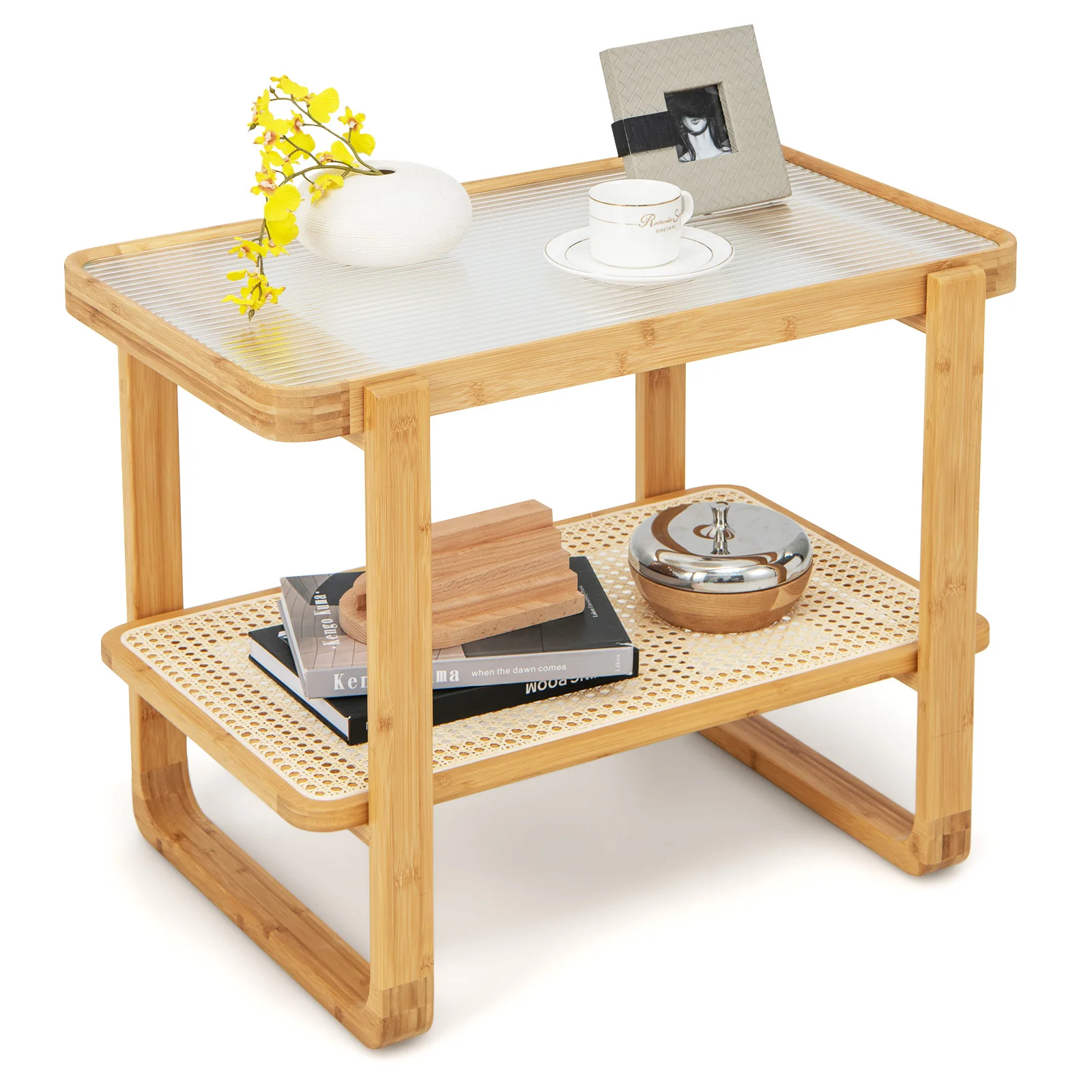 Beistelltisch, Couchtisch mit abnehmbarer Glasplatte und Rattanablage, Kaffeetisch mit Gestell aus Bambus, Nachttisch
