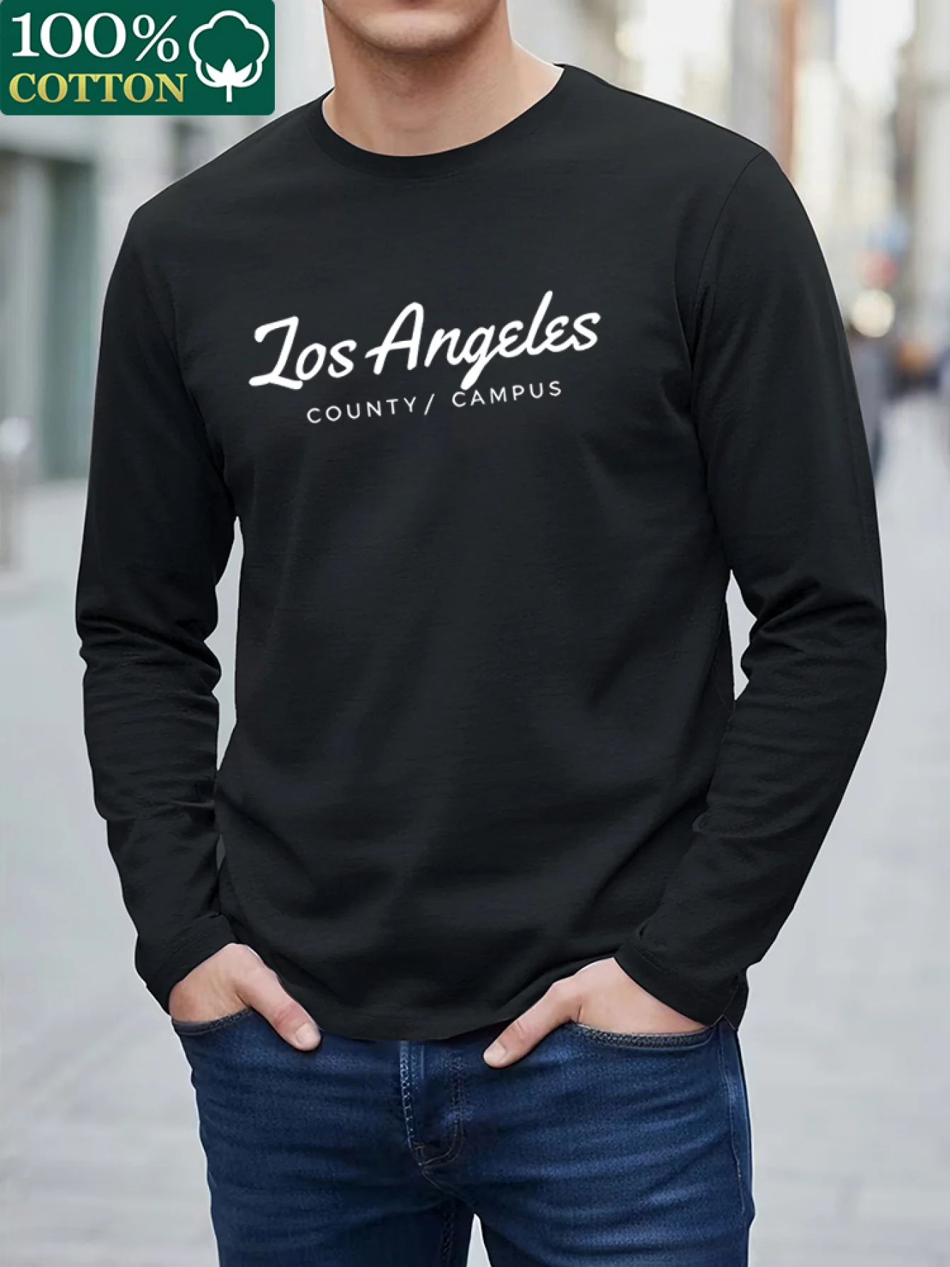 Men's 100% pure cotton loose fit comfortable sports and leisure creative line pattern printed round neck long sleeved T-shirt