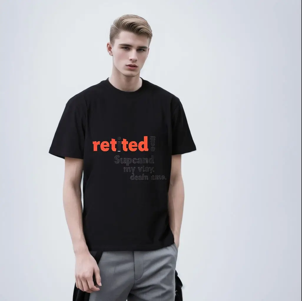 대담한 빨간색 'retited!' 글자가 새겨진 흰색 크루넥 반팔 티셔츠 표시문자 및 검은색 산세리프 'Supcand my vlay.' 딜앤에이엠.