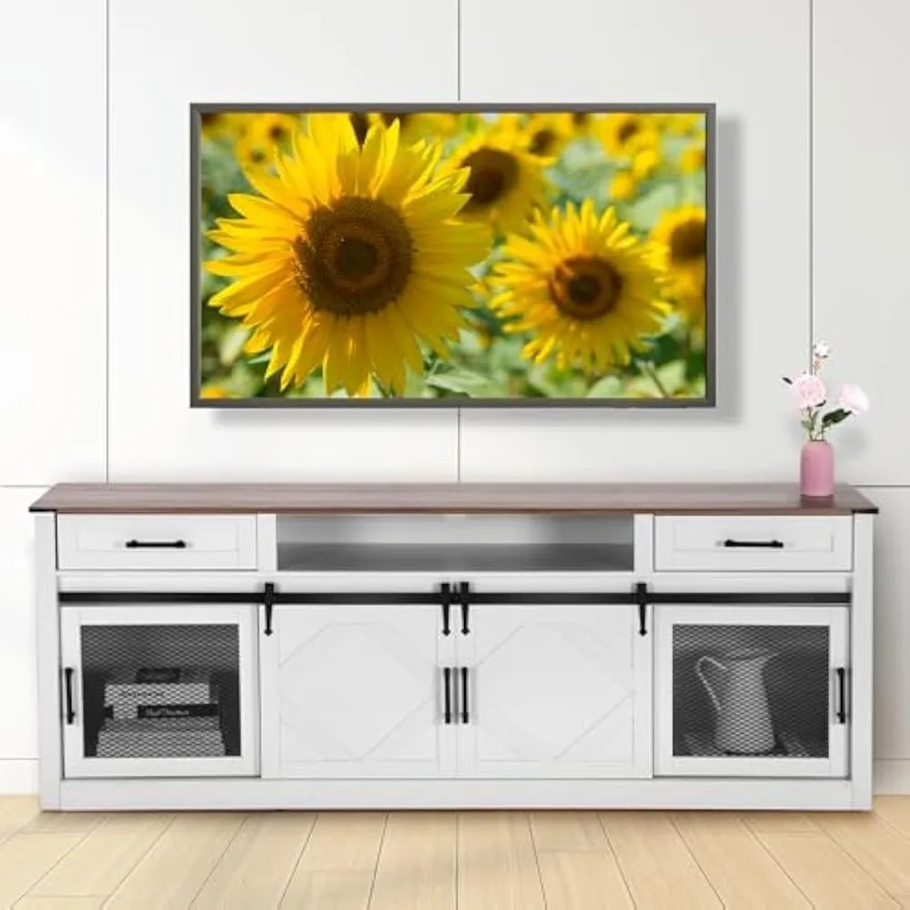 

Farmhouse TV Stand up to 75 Inches TVs, Wood Sliding Barn Door Modern Media TV Console Table with Adjustable Shelf, Two Drawers