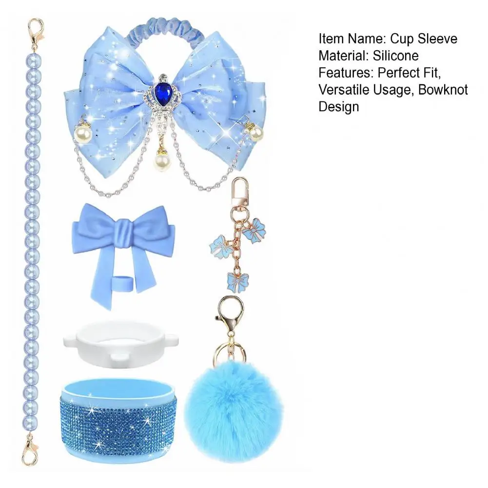 Reusable Cup Sleeve Sparkling Rhinestone Cup Sleeve with Faux Pearl Bowknot Silicone Bottom Protector Glitter Bow for Water