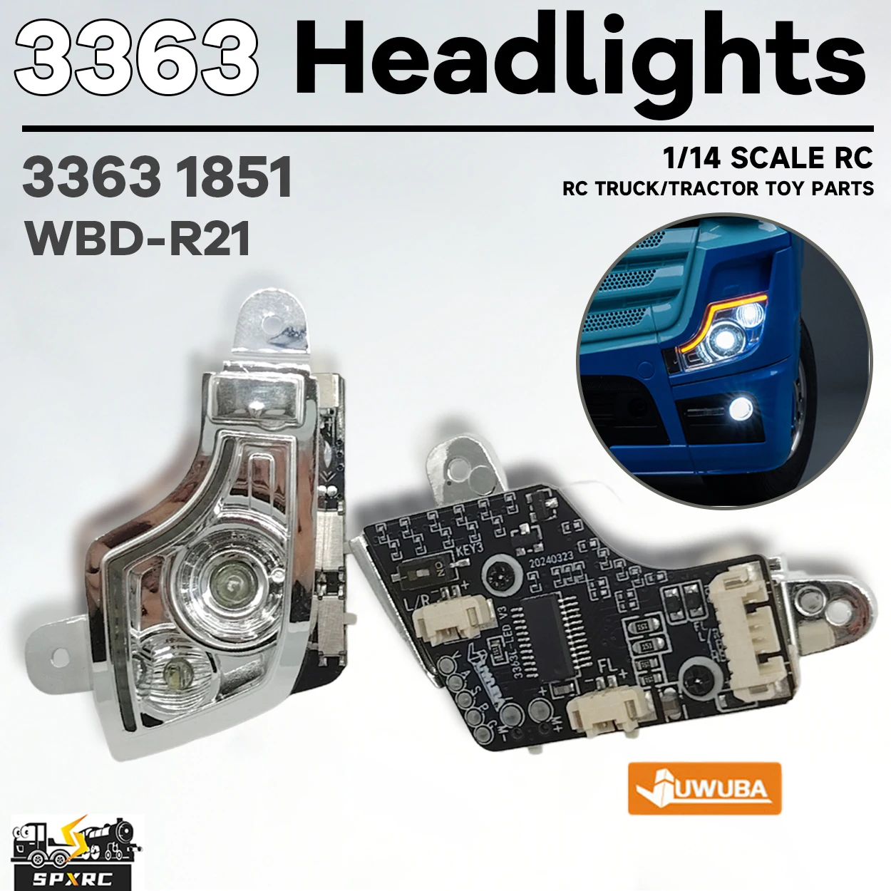 3363-ヘッドライト-2-つの照明モード-wbd-r21-1-14-タミヤ-rc-トラック-トラクター-ベンツ-アクトロス-3363-1851-juwuba-おもちゃモデルパーツ用