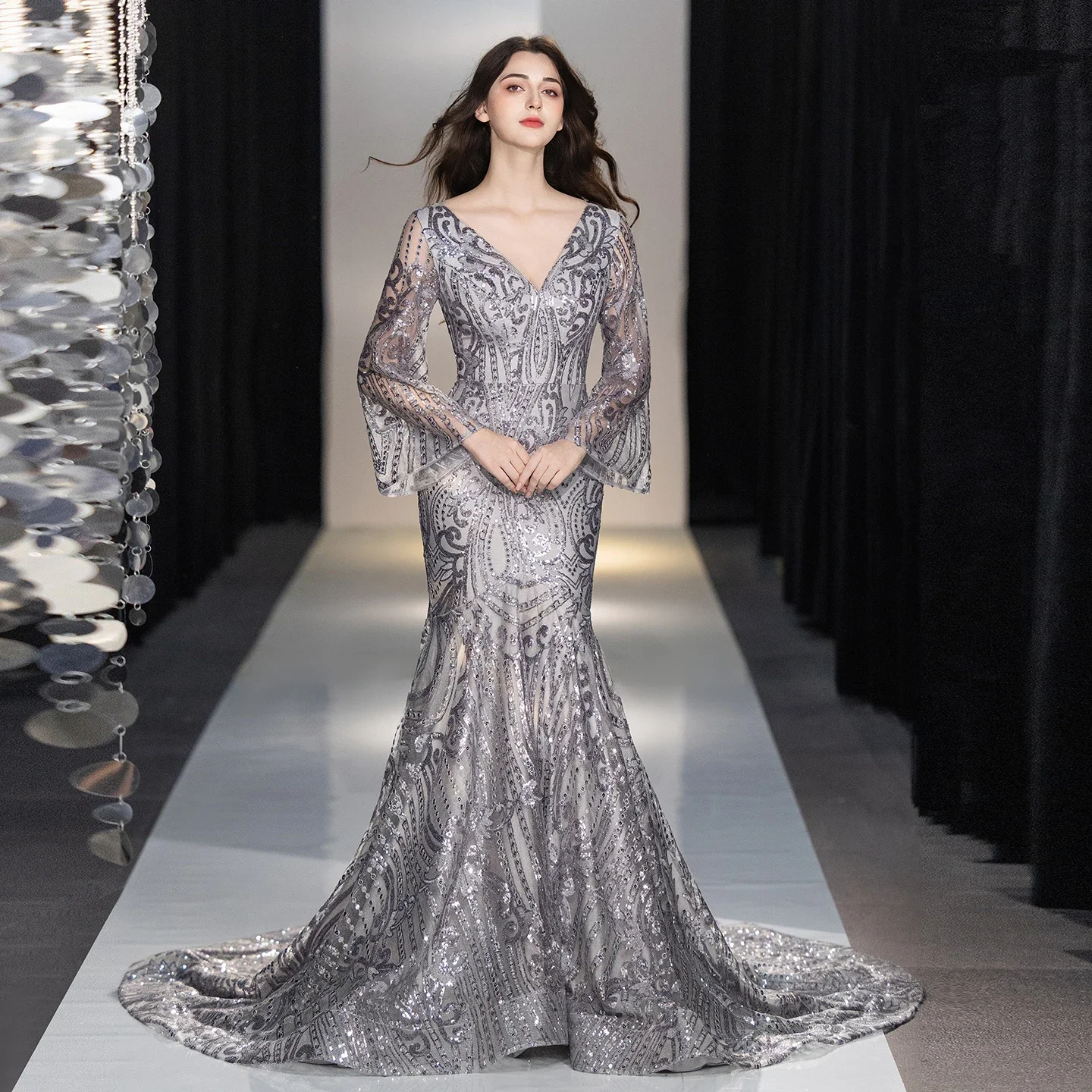 Silver Baroque Sequin Mermaid Evening Dress Deep V Neck Sheer Bell Sleeve Floor Length Train Formal Gown Maxi