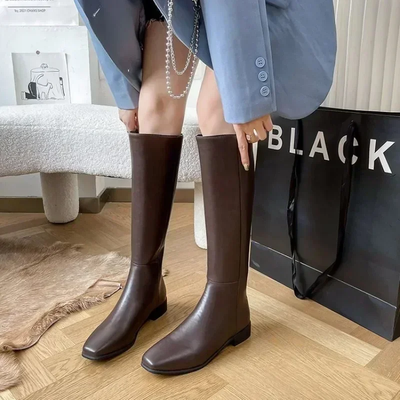 2024 New Winter Knee High Boots Women Shoes Genuine Leather Black Western Tall Long Chelsea Boots Female  Trends Shoes