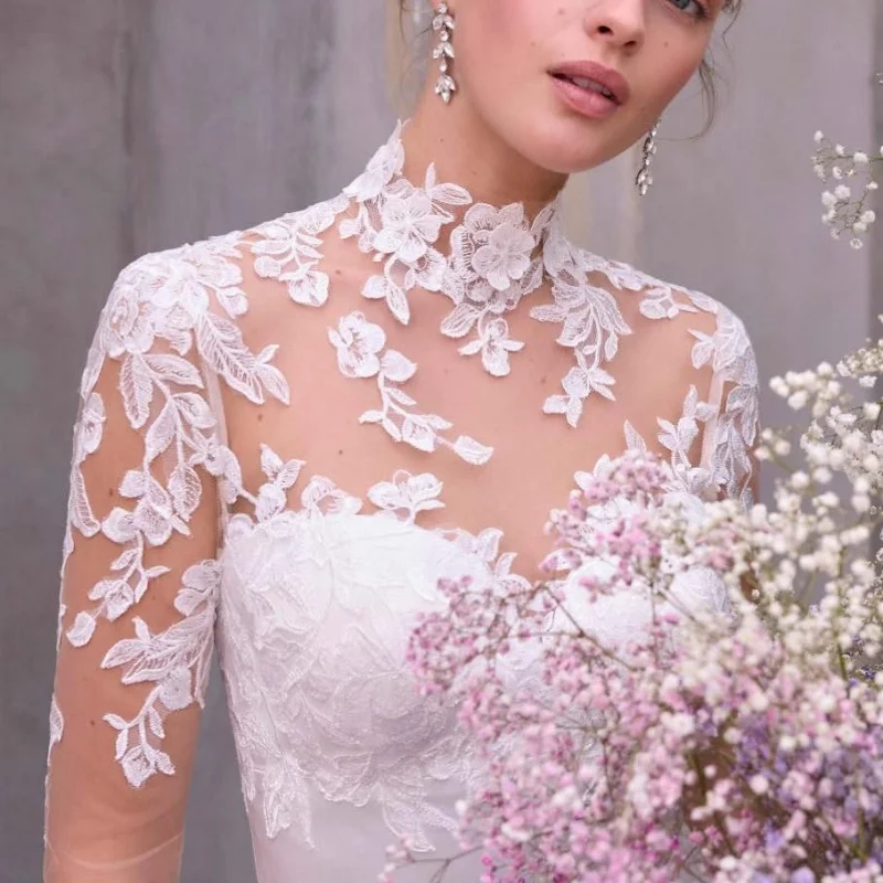 

satin simple ivory white Appliques Wedding Dresses of A-line long sleeves Bridal Gowns Made Customized