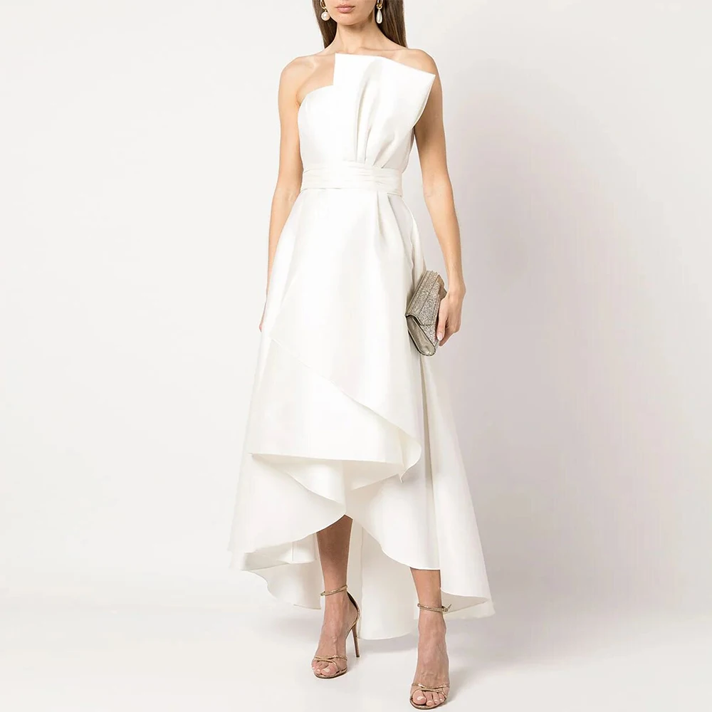 Customized Strapless A-Line Satin Wedding Dress Romantic Ruffles Asymmetrical Hi-Lo Hem Bridal Gown Evening Party Dress Vestidos