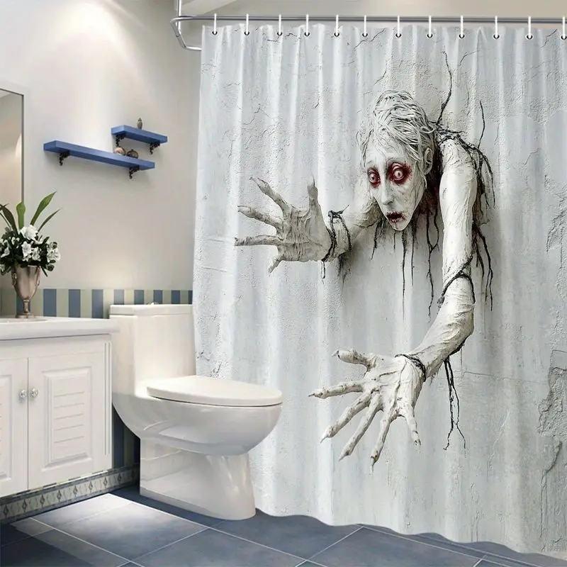 VIKAMA Scary Female Zombie Shower Curtain Breaking Wall Ghost Waterproof Fabric Halloween Bathroom Decor Bath Curtain