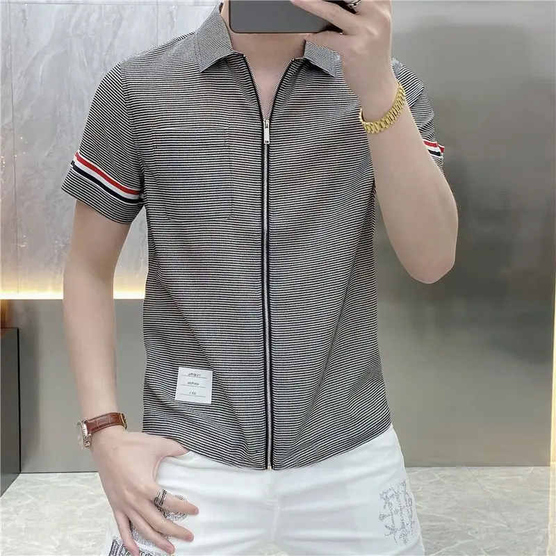 Fashion Casual Korean Loose Zipper Shirts Striped Patchwork Turn-down Collar Temperament Handsome Short Sleeve Men\'s Clothing