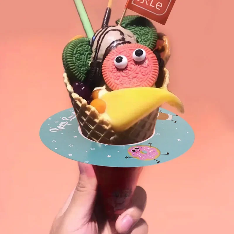 100pcs Cartoon Style Ice Cream Anti-drip Paper Tray Adjustable Hole Diameter Children Kids Home Party Supplies