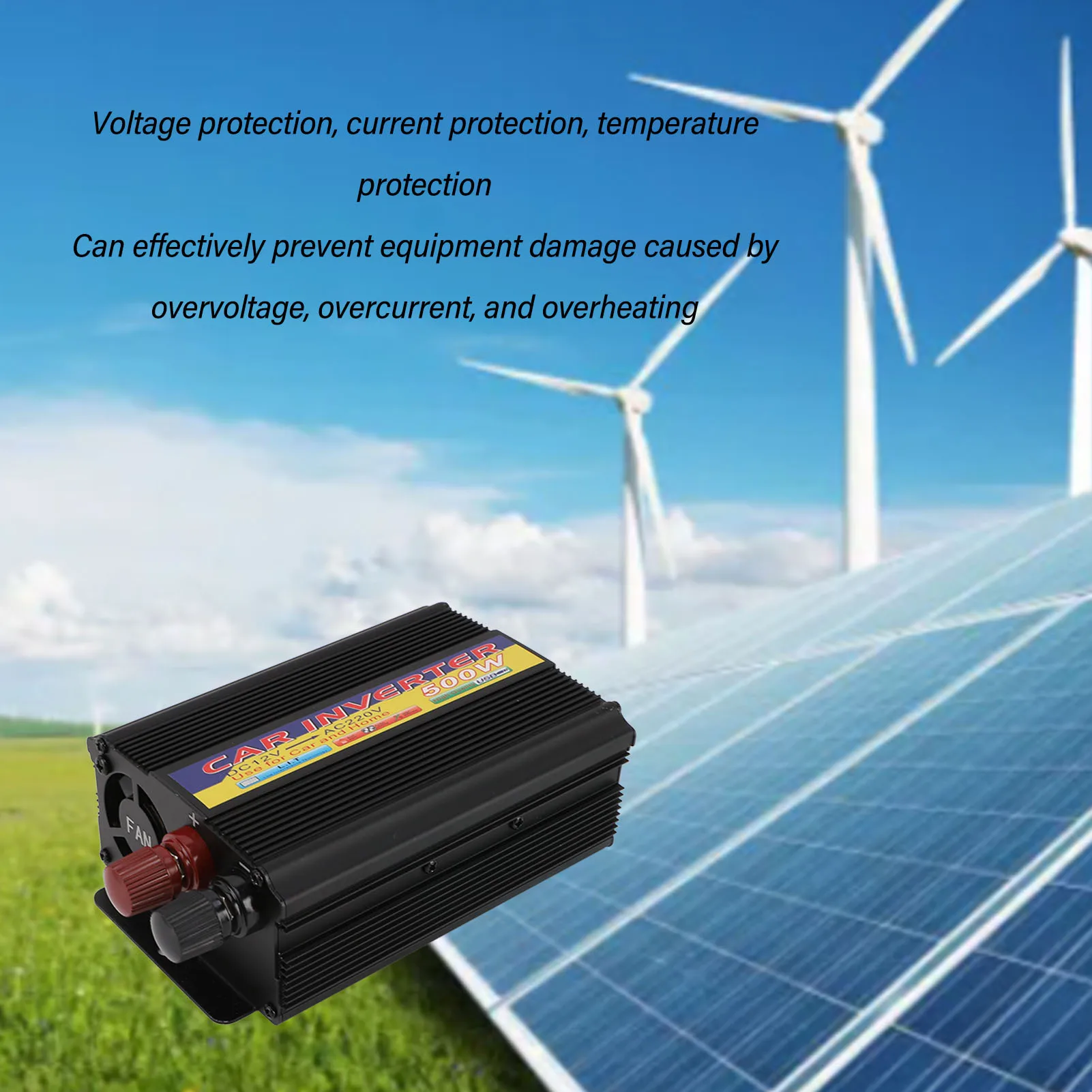 

500W Car Inverter 12V DC to AC Power Inverter with Work Indicator Light Switch Button Voltage Current Temperature Islanding