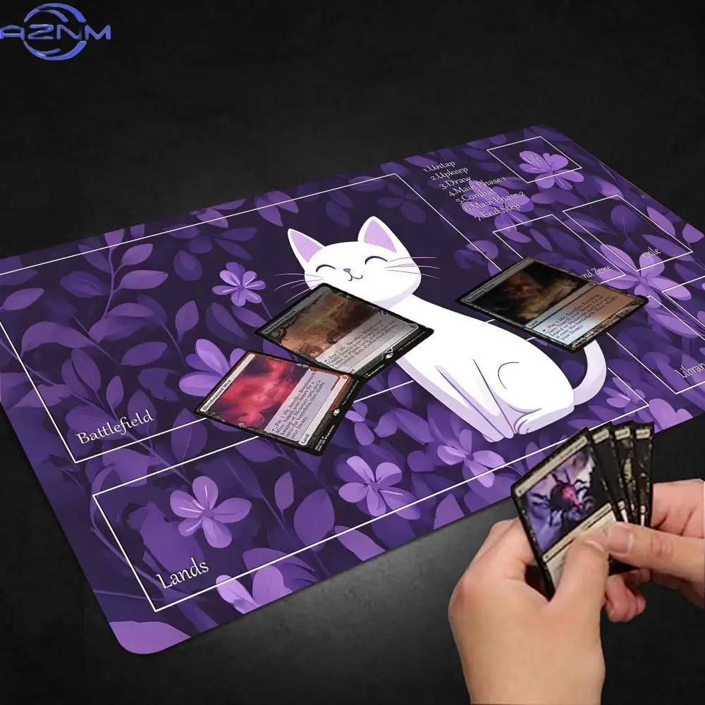 Purple plants and white cat MousePad With zone Magic Playmat Card Battles Commander Game pad Duel Desk mat for TCG MTG Non-Slip