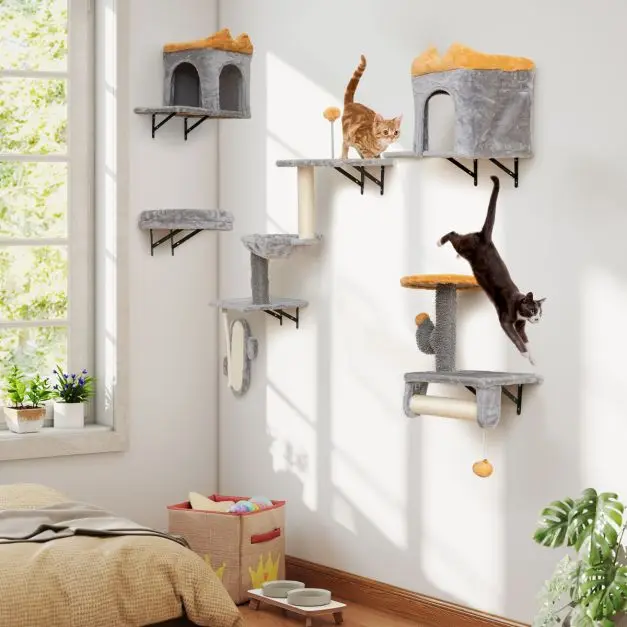 Wandmontage kattenmeubelset met sisal krabpaal, bed & klimboom, ruimtebesparende wandplank voor binnenkattenactiviteiten