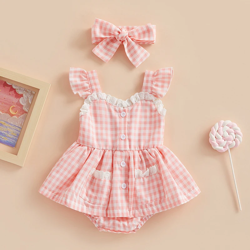 Listenwind 0-18M Newborn Baby Girls Romper Toddler Infant Jumpsuit Outfit Plaid Lace Ruffle Playsuit + Bow Headband Summer