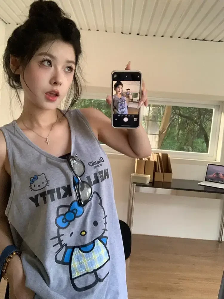 

Жилет Hello Kitty в Корейском стиле, причудливый Топ для девушек, Серая майка с принтом, жилет для женщин, Летний Новый Стиль