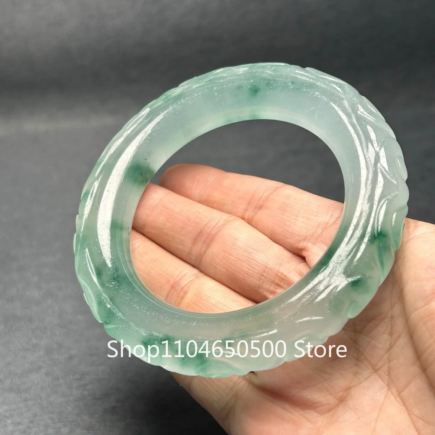 

Certified Nature icy green Jade jadeite artistic carving bracelets Bangle 59mm