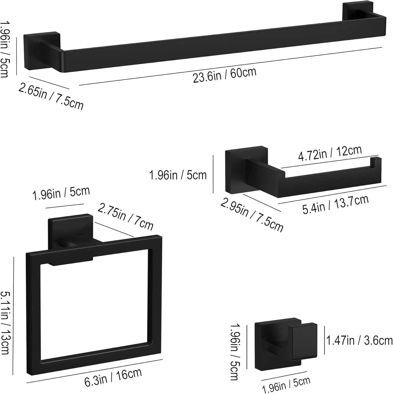 10-Pieces Matte Black Bathroom Accessories Set, 23.6 Inch Bath Towel Bar Set, SUS 304 Stainless Steel Bathroom Hardware Set