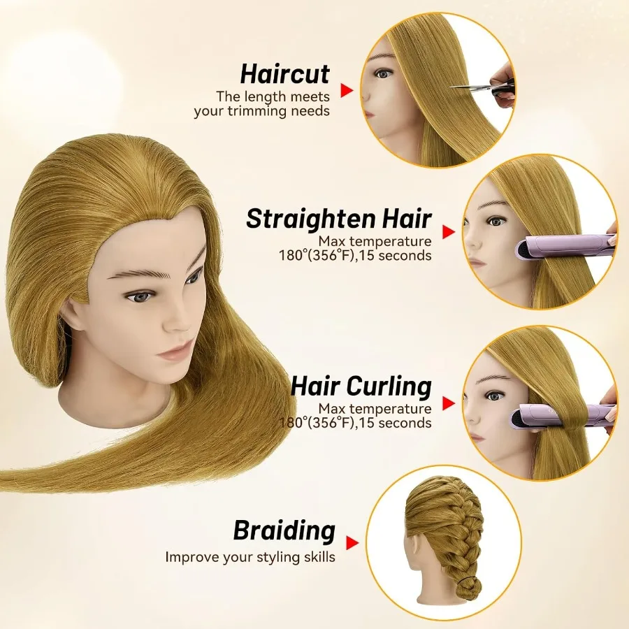 رأس عارضة أزياء مع 90 شعر بشري لممارسة وتدريبات وتصفيف الشعر الاحترافي في الصالونات وإعدادات التجميل مقاس 24 بوصة