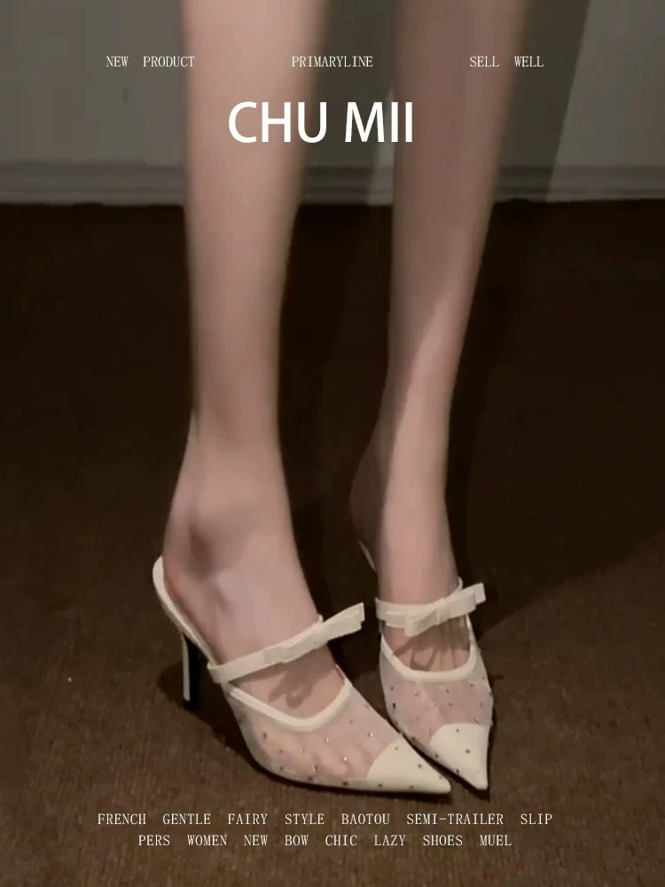 Polka Dot Open-Toe Slides 2026 Summer New Mesh Bow Thin Heel Comfortable Non-Tiring Flip-Flops